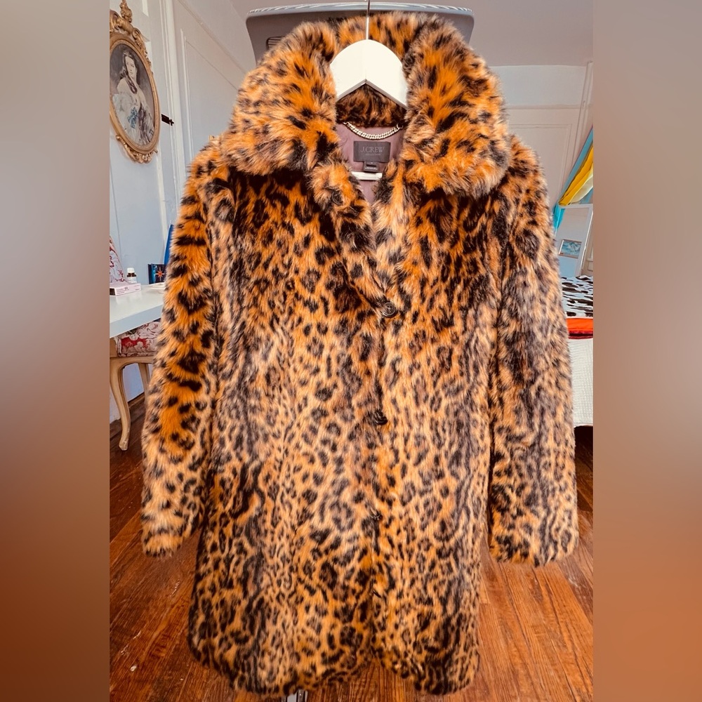 J CREW COLLECTION FAUX FUR LEOPARD COAT